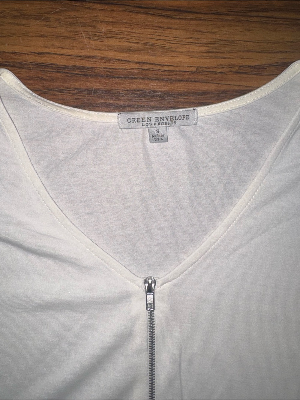 Green Envelope Cream V-Neck Zip Top with Silver Hardware